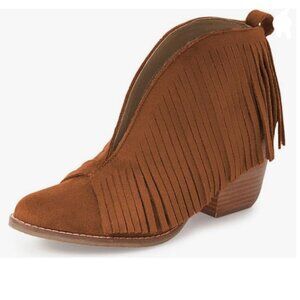 YDN Brown Western Ankle High Boots with Tassels Round Toe Block Heel Suede Boot